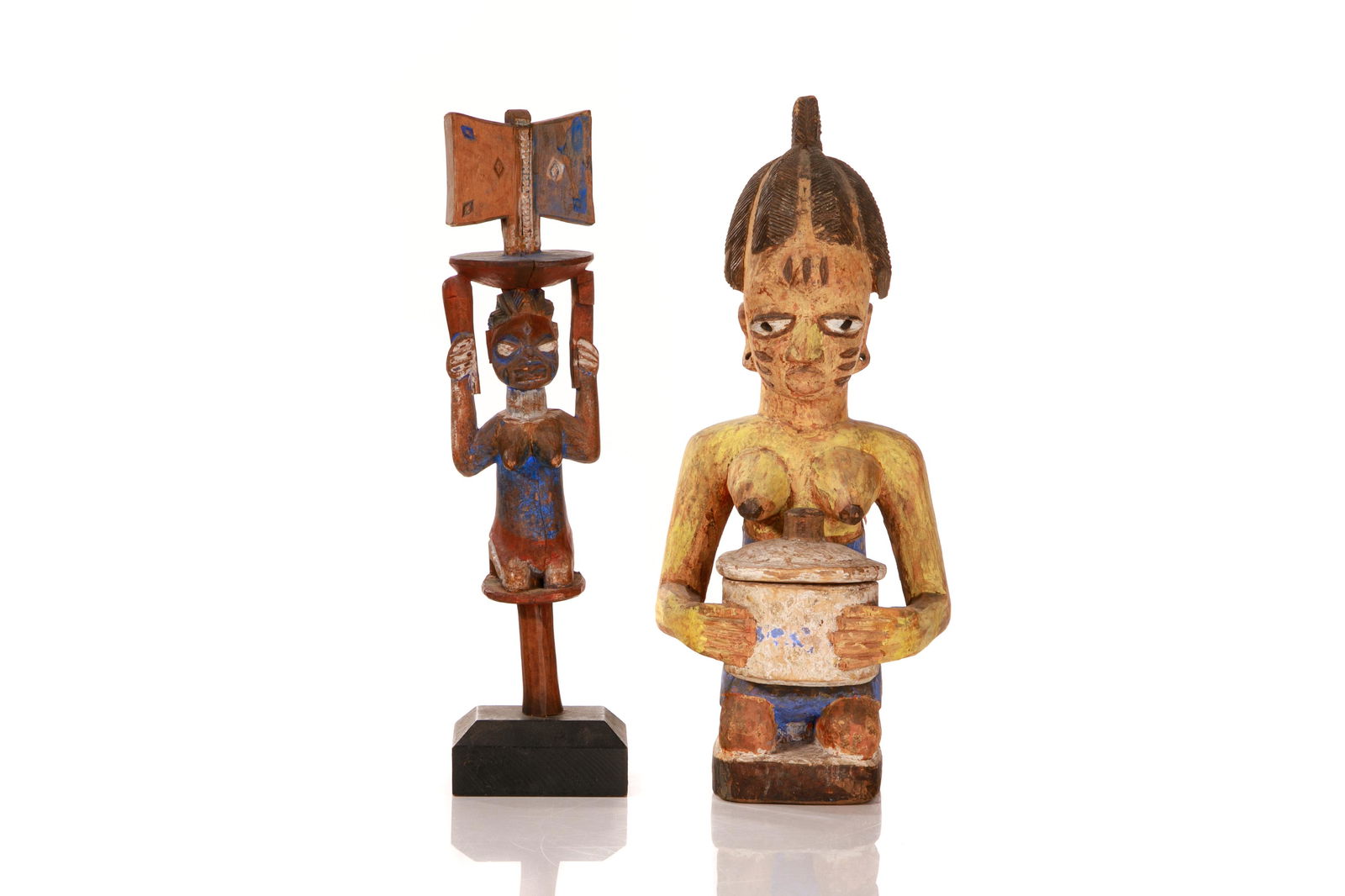 YORUBA CARVED WOOD POLYCHROME WOMAN WITH BOWL (1 of 4)