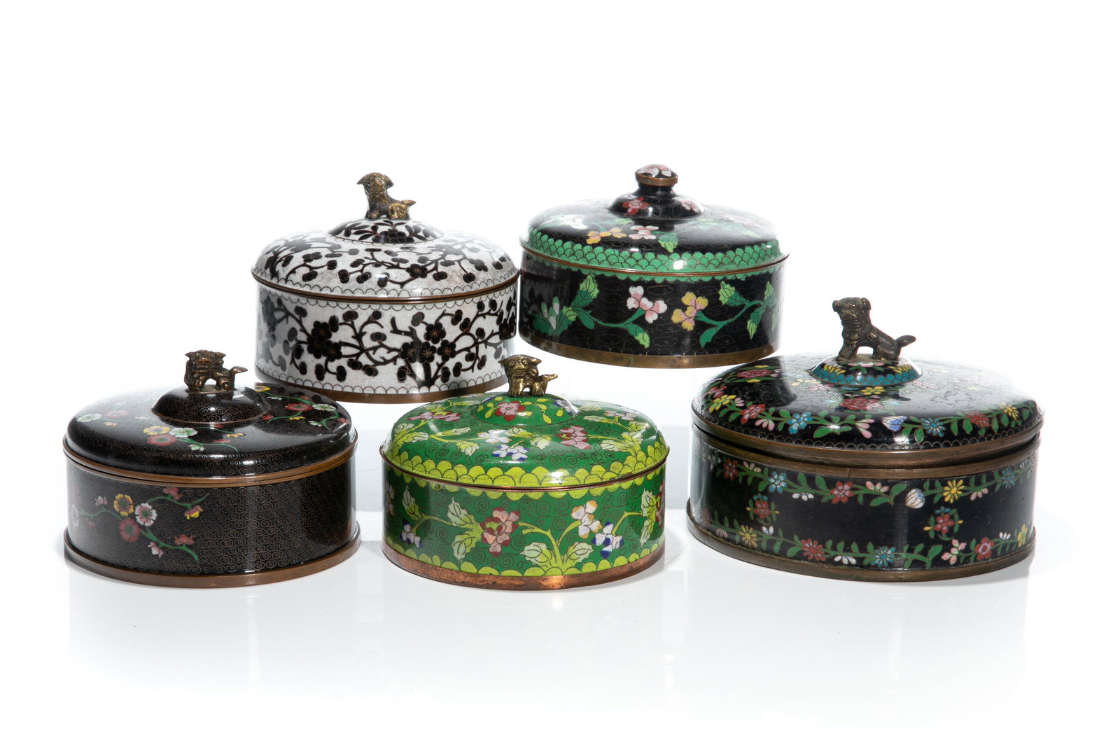 FIVE CIRCULAR CHINESE CLOISONNE COVERED BOXES (1 of 6)