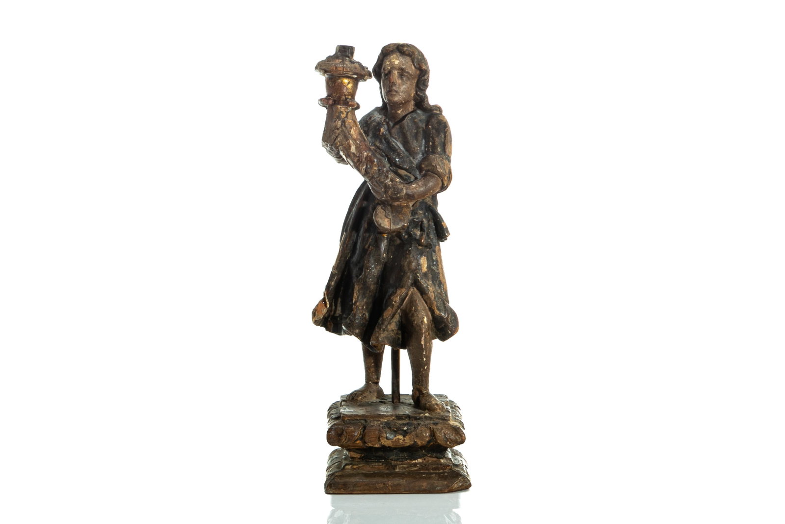POLYCHROME & GILTWOOD SANTOS FIGURE: Figure of a candle bearing angel with flowing robes on top of square pedestal mounted as lamp. H. 17.5 in Provenance: Property of a Prominent Canadian Collector