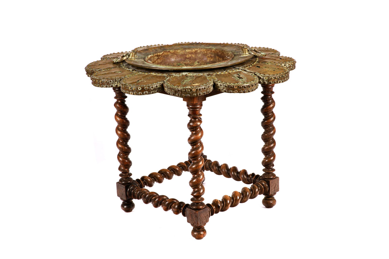 COPPER CLAD TABLE TOP ON TURNED WOOD BASE (1 of 6)