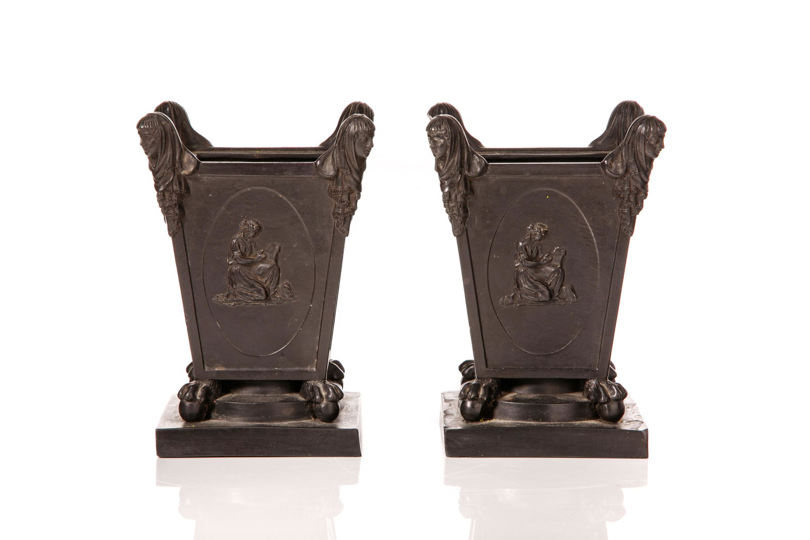 PAIR 18th C ENGLISH TURNER BLACK BASALT CACHE POTS (1 of 5)