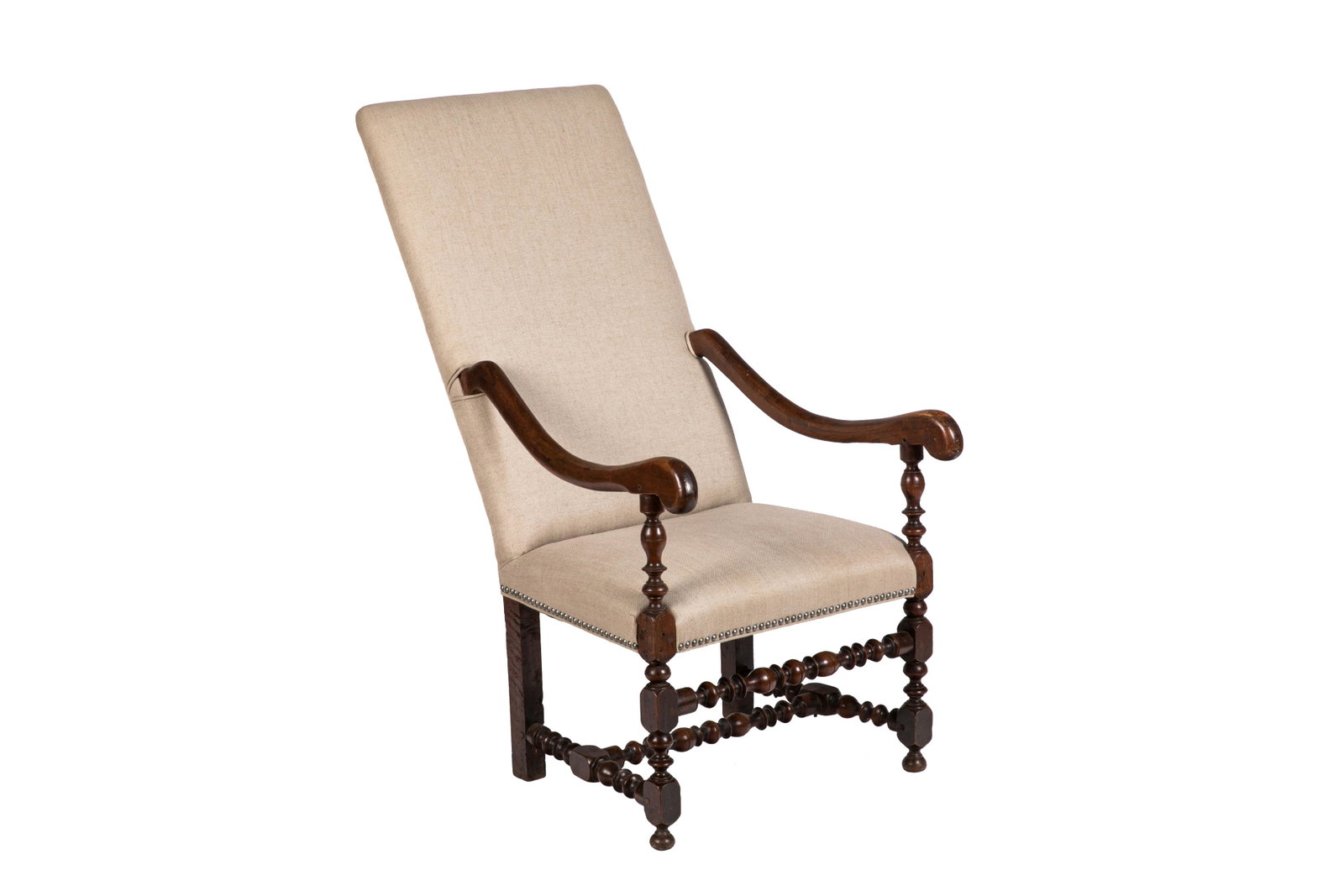 LOUIS XIV CARVED WALNUT FRAMED ARMCHAIR: Period armchair with contemporary canvas coloured upholstery. H. 46 1/4" W. 38 1/2" D. 24 1/2"
