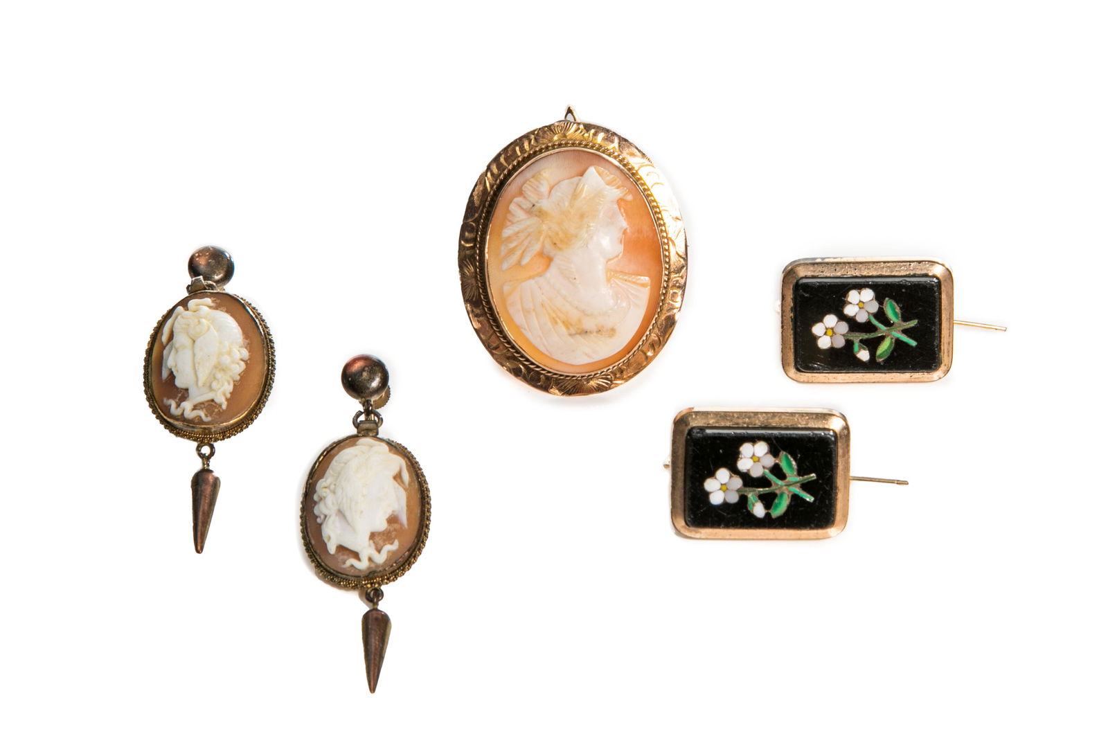 CAMEO BROOCH, EARRINGS & PIETRA DURA EARRINGS (1 of 1)