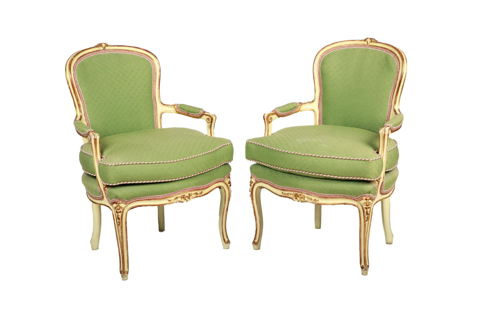 PAIR OF PAINTED FRENCH ARMCHAIRS: White frames with gilt painted accents and green upholstery. H. 34 1/2" W. 23" D. 23 1/2"