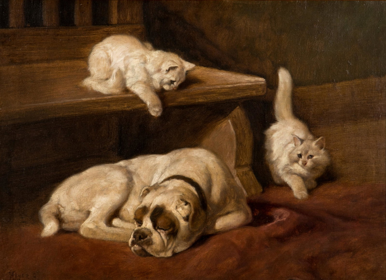 ARTHUR HEYER (German/Hungarian, 1872-1931): Untitled (Sleeping Dog and Playing Cats) Oil on canvas Signed lower left Size: 23 x 31.5 in.