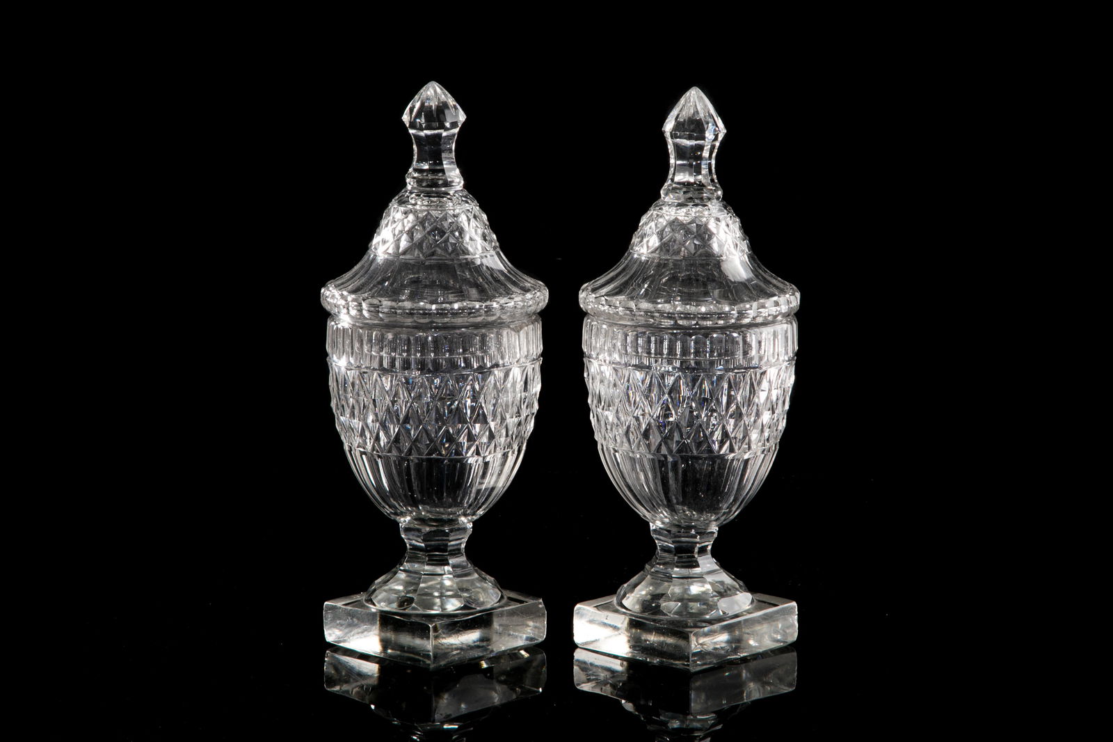 PAIR OF IRISH CUT GLASS COVERED SWEETMEAT URNS (1 of 2)