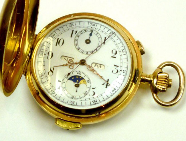 FINE SWISS 18K GOLD REPEATER POCKET WATCH: With perpetual calendar, moon phase and chronograph. Plain gold case with engraved inner lid ;MEDAILLE D'OR 1895 INVICTA REPITITION'. Case marked '89617'. Diameter of case 5.5 cm. Total weight of watc
