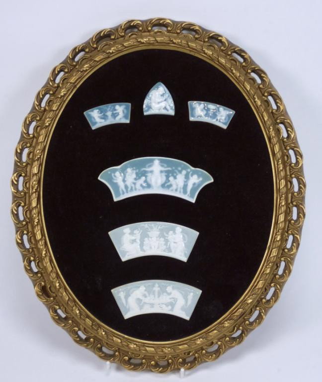 MINTON PATE SUR PATE PORCELAIN PLAQUES: Six small plaques made as inserts depicting Greek godesses and cherubs. Two signed Albion Birks. W of largest 13.4 cm. (5 1/4 in.)