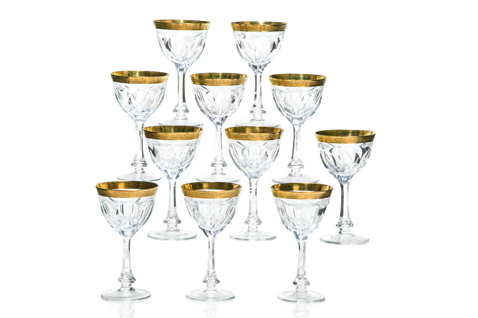ELEVEN MOSER LADY HAMILTON GOLD WHITE WINE GLASSES: Each decorated with an ornate gold encrusted band along the top, with etched mark to base. H. 15.5 cm (6 1/8 in); W: 8.6 cm (3 3/8 in)