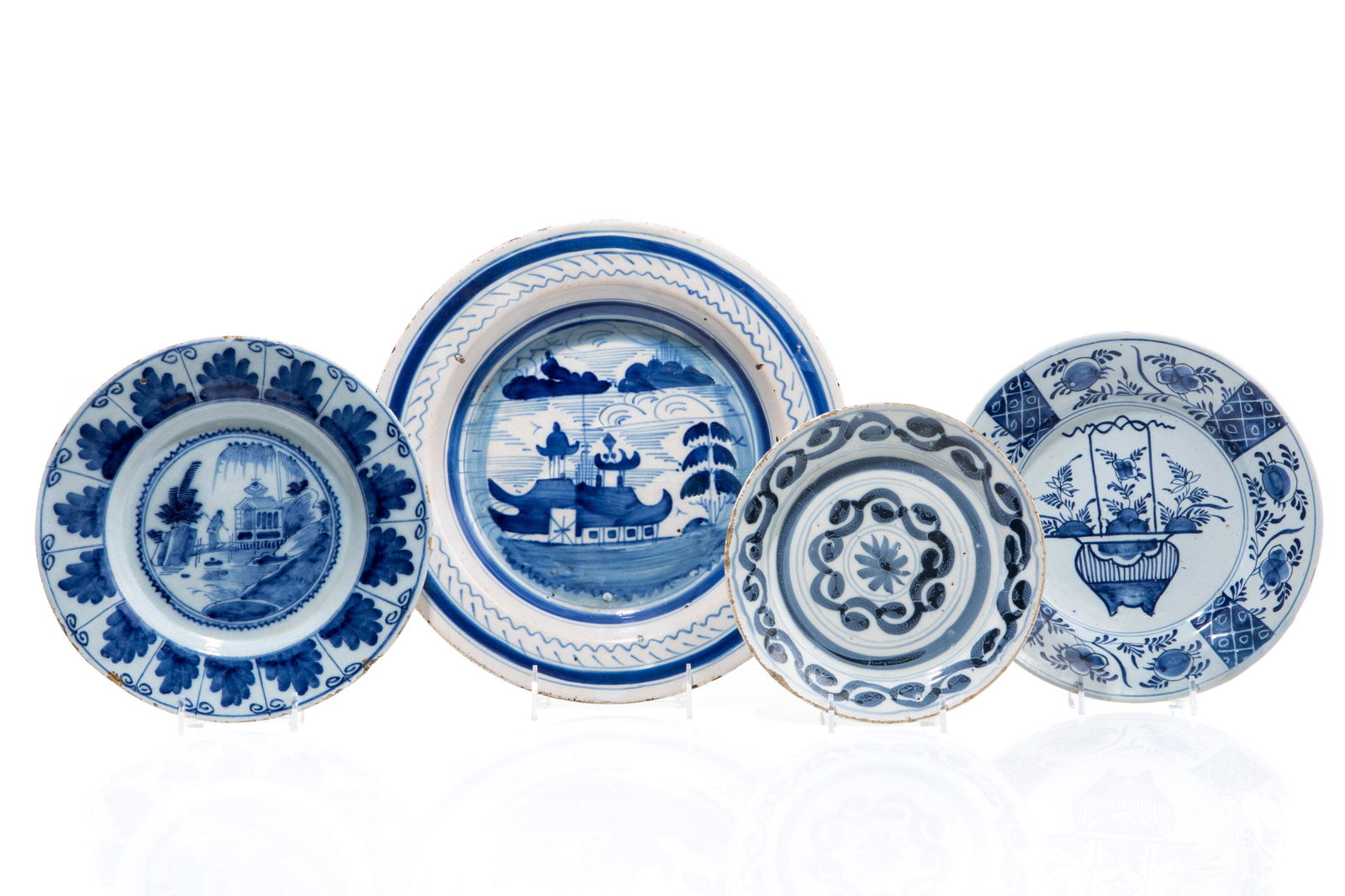 FOUR 18th C BLUE & WHITE FRENCH FAIENCE PLATES (1 of 6)