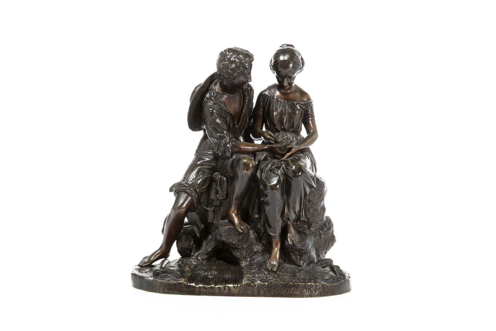 BRONZE 'PAUL ET VIRGINIE" AFTER CUMBERWORTH: French, 19th C. Sculpture of "Paul et Virginie" depicting young lovers, the title characters from Jacques-Henri Bernardin de Saint-Pierre's novel. After artist Charles Cumberworth (1811â€“1852),