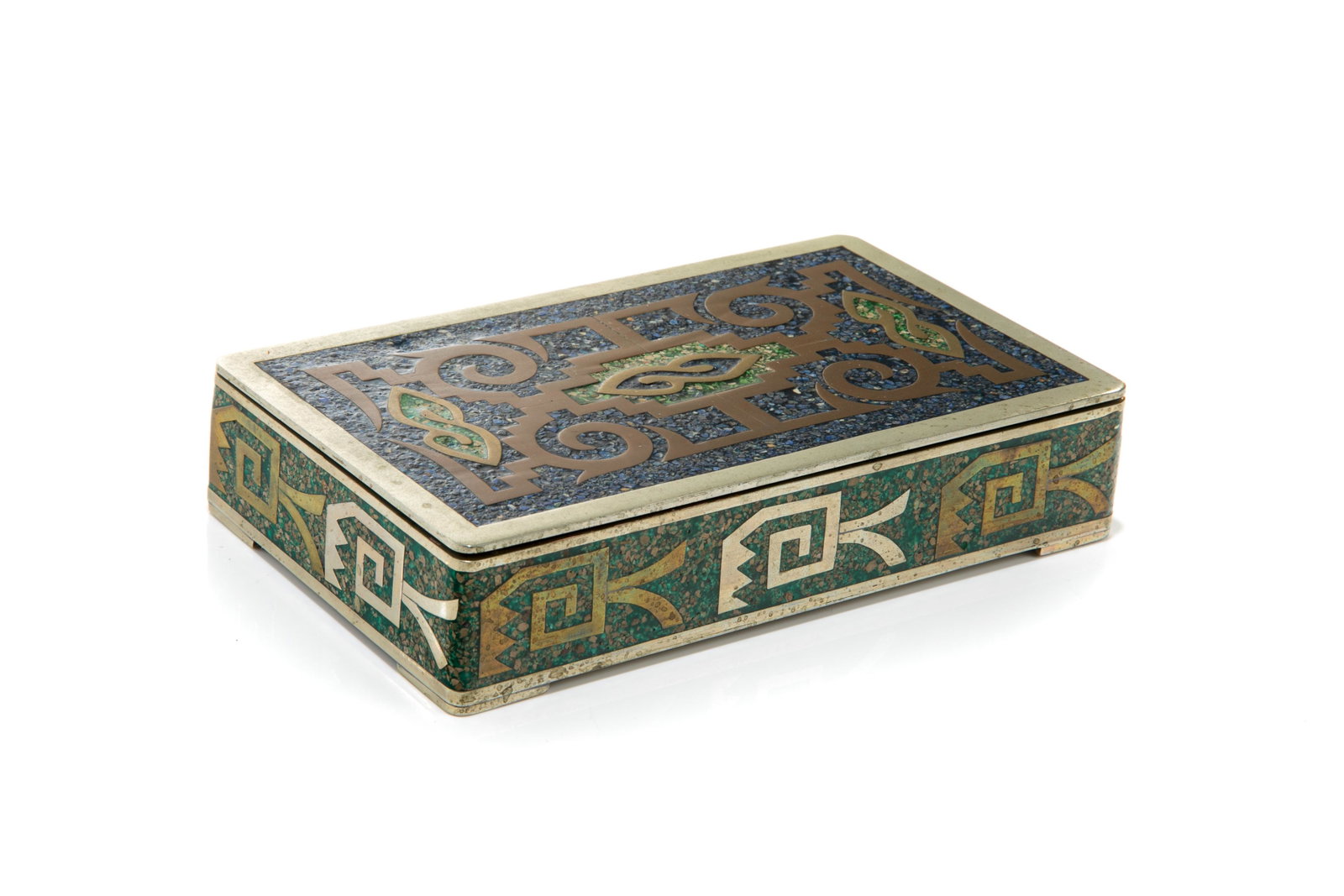 MEXICAN SILVERPLATE AND MIXED INLAY BOX: Probably Taxco with modern design. H. 3.5 cm ( 1 3/8 in). W. 17. 5 cm ( 6 7/8 in).