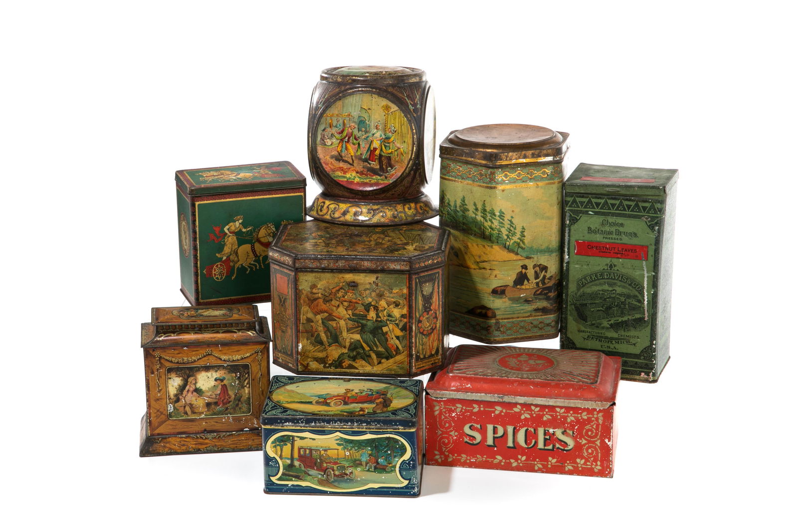EIGHT ANTIQUE BISCUIT & SPICE TINS (1 of 9)
