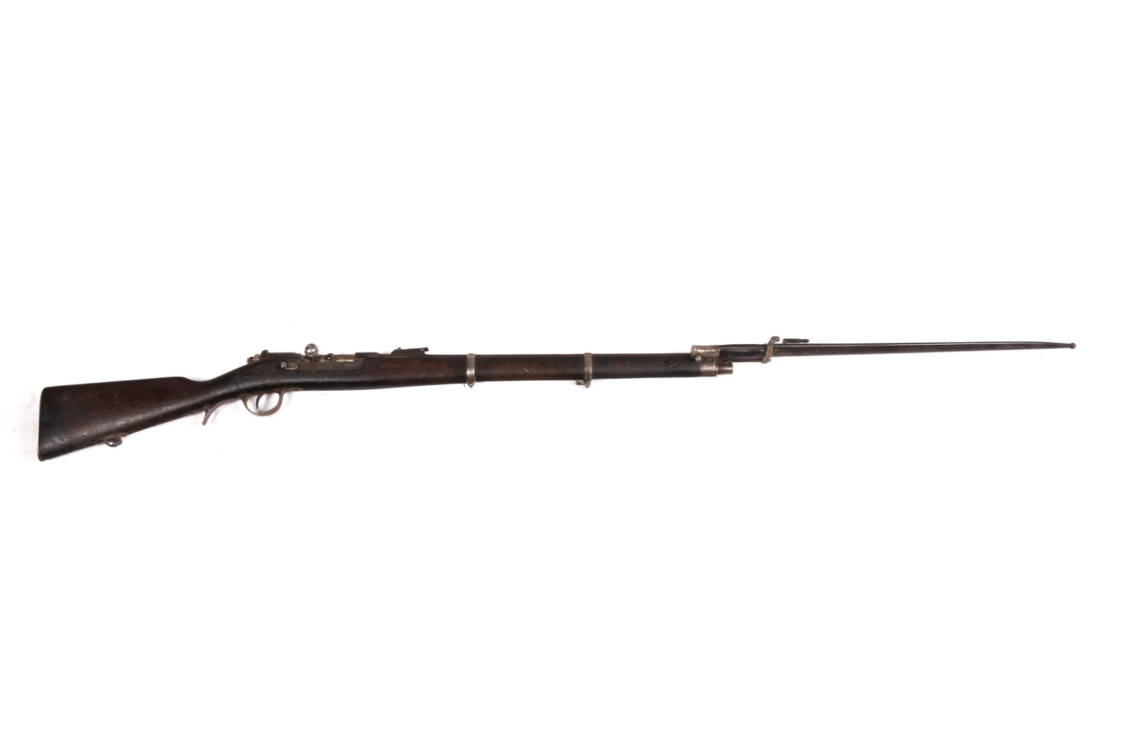 STEYR KROPATCHEK 1886 RIFLE: A Steyr 1886 military rifle with matching bayonet, bolt and receiver with serial number B477. No serial number apparent on bayonet. Various proof marks to barrel and stock. L. 116cm (45 3/4") L. of ba