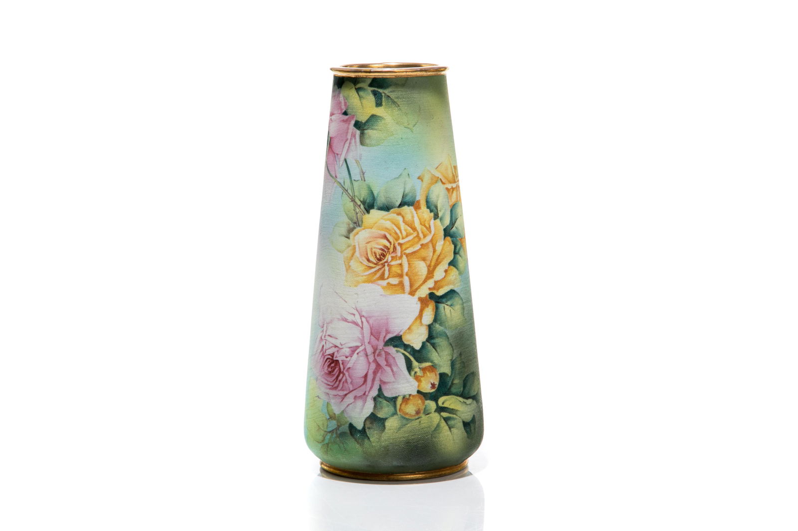 NIPPON FLORABUNDA LINEN TAPESTRY PORCELAIN VASE: Hand painted pink and yellow roses on a multi coloured ground, tapering body with gilded border. Japanese, blue maple leaf mark, early Noritake. H. 24 cm (9 1/2 in.)