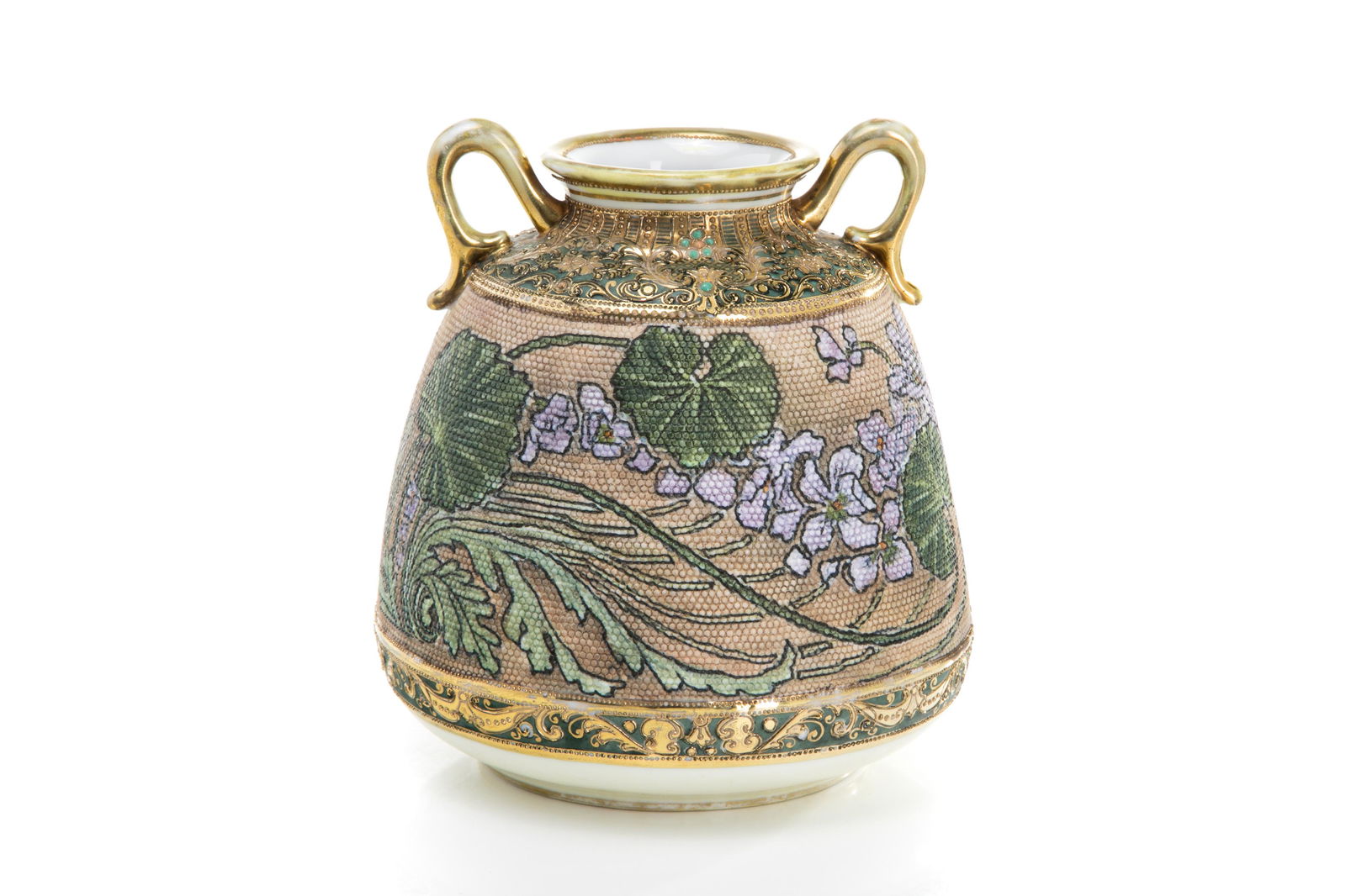 JAPANESE TWO HANDLED TAPESTRY PORCELAIN VASE: Purple violet flowers on a petit point / needlepoint ground, flanked by foliate raised, gilded borders and jewelling. Unmarked, attributed to Nippon. H. 15 cm (5 7/8 in.)