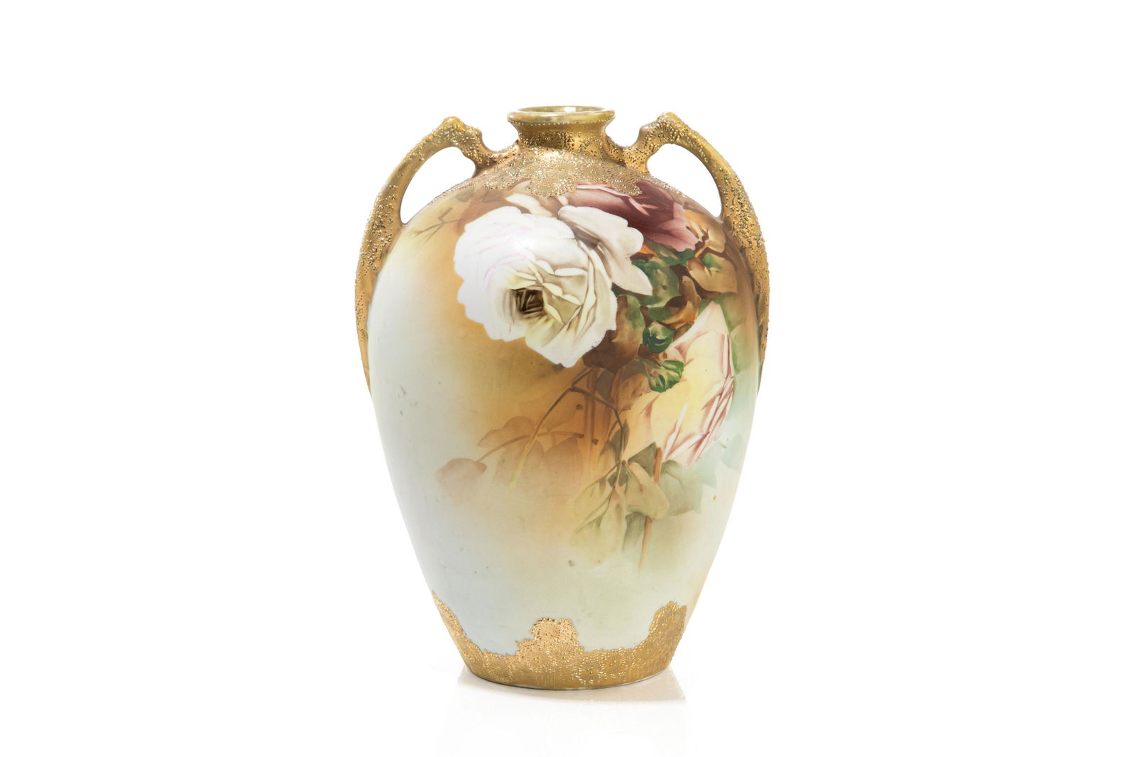 LARGE NIPPON TEXAS ROSE PATTERN PORCELAIN VASE: Hand painted with a white rose on a green to orange ground, jewel enhanced handles and base. Japanese, blue Maple Leaf mark, early Noritake. H. 32.5 cm (12 3/4 in.)