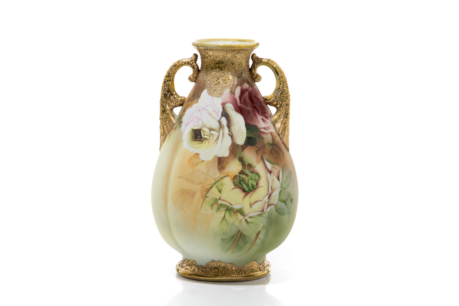 NIPPON TEXAS ROSE PATTERN PORCELAIN VASE: Hand painted with a white rose on a green to orange ground. Jewelled gilding to the two handles, rim, and base. Japanese, green maple leaf mark, early Noritake. H. 25.5 cm (10 in.)