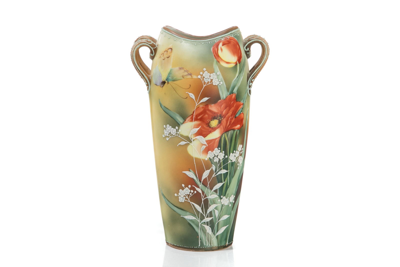 NIPPON ART NOUVEAU HAND PAINTED PORCELAIN VASE: Orange poppy pattern with butterfly and moriage floral enhancement, double loop handles with swooped rim. Japanese, blue maple leaf mark, early Noritake. H. 25 cm (9 7/8 in.)