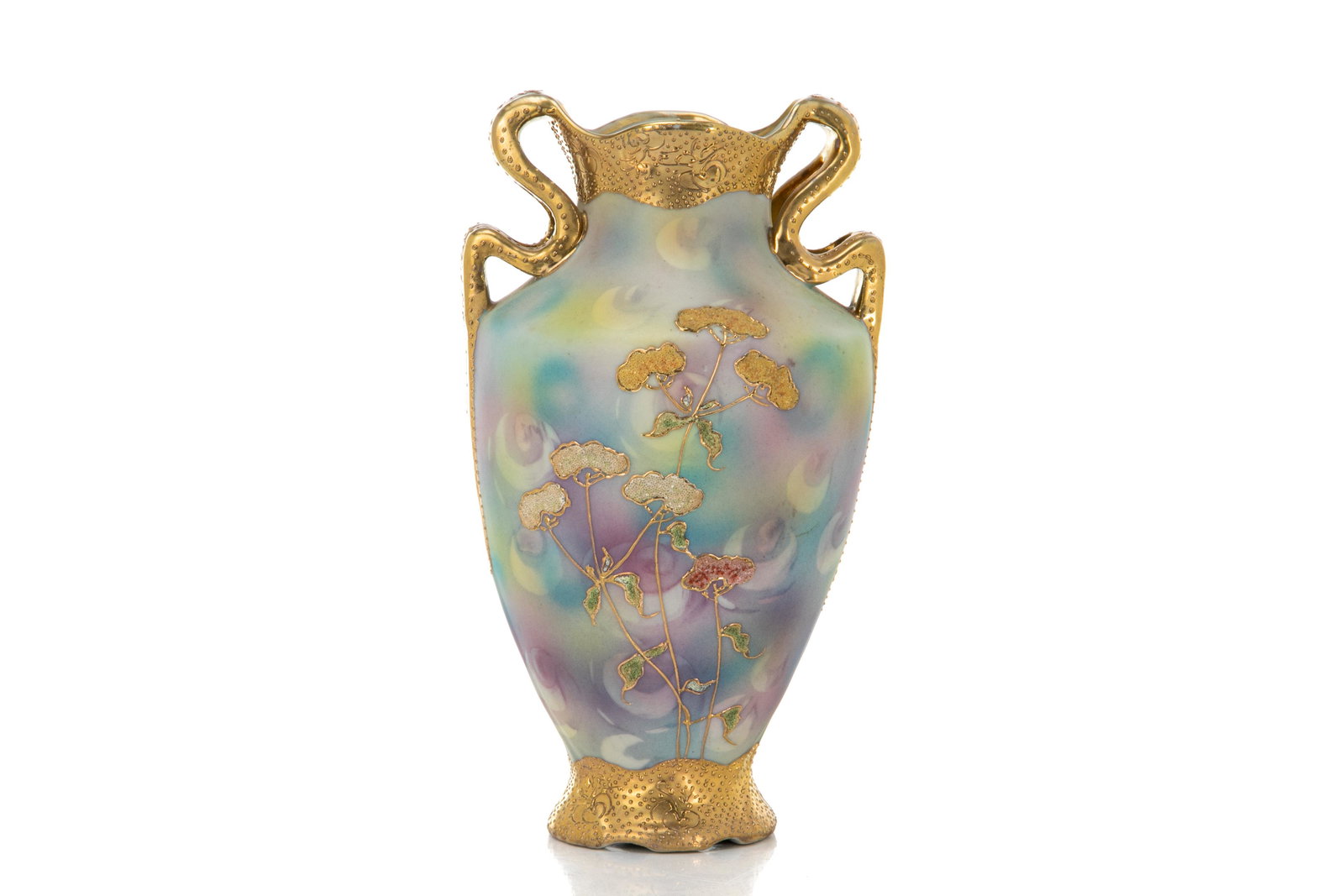 NIPPON ART NOUVEAU CORALENE PORCELAIN VASE: Tie dye ground in yellow, purple, and blue with moon and star design. Coralene floral branches, gilded and jeweled arms, rim, and base. Japanese, U.S. Patent 1909 mark. H. 22 cm (8 3/4 in.)