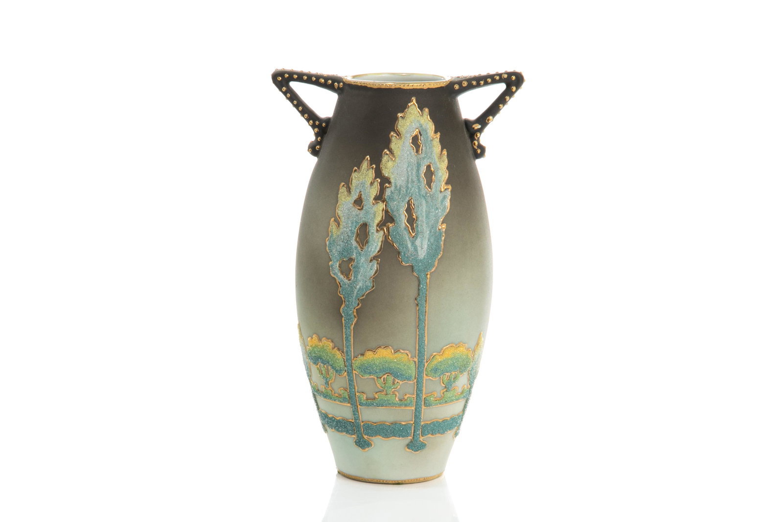 NIPPON ART NOUVEAU CORALENE PORCELAIN VASE: With tri-coloured Poplar trees in green, blue, and yellow, angled handles with gilded jeweling. Japanese Royal Kinran U.S. Patent 1909 mark. H. 21.5 cm (8 1/2 in.)