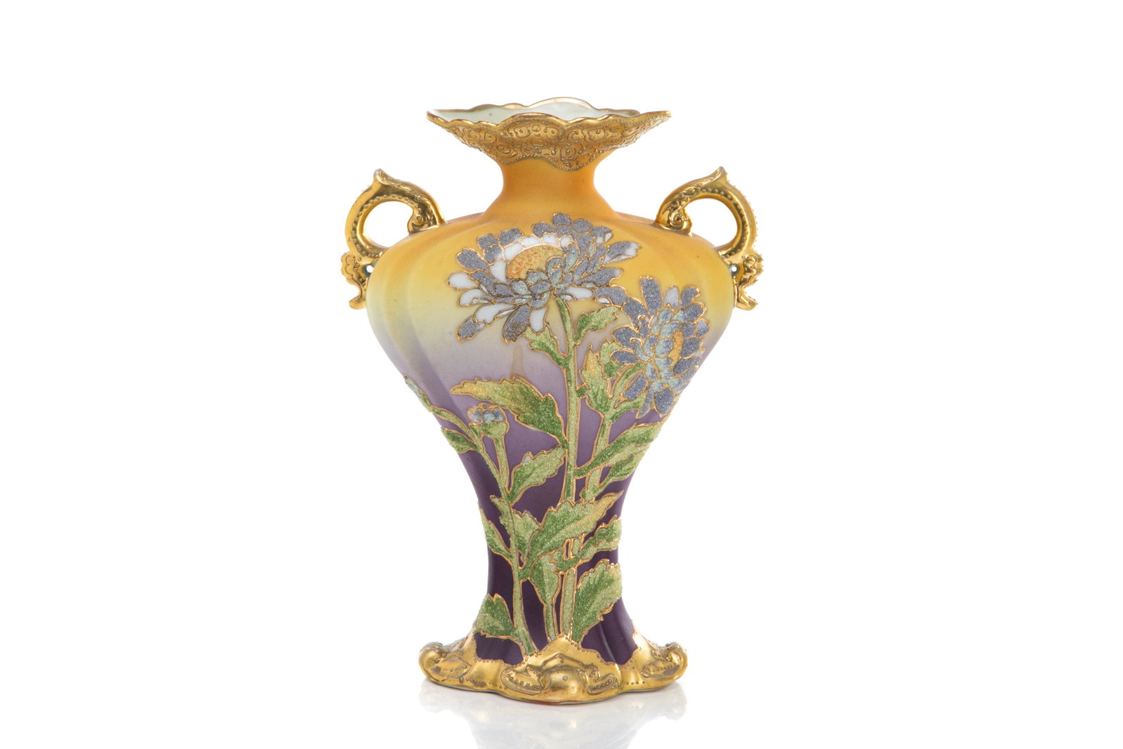 NIPPON CORALENE PORCELAIN URN FORM VASE: Yellow to purple ground with applied sunflowers, gilded and jewelled handles and rim. Japanese, unusual patent mark to base. H. 21.5 cm (8 1/2 in.)