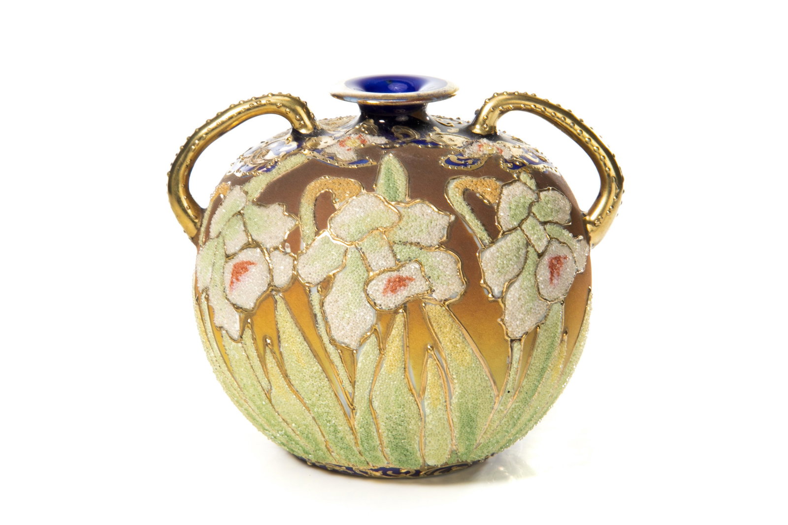 NIPPON CORALENE MINIATURE PORCELAIN VASE: Round vase with irises in Coralene, with cobalt blue and gilded handles. Japanese, Royal Kinran U.S. Patent 1909 mark. H. 9 cm (3 1/2 in.) Provenance: Fred Tenney Collection