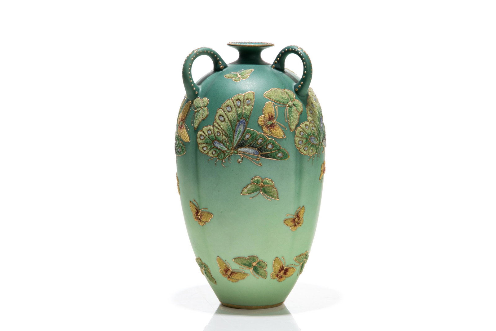 NIPPON CORALENE PORCELAIN VASE: Three handled urn form vase with butterfly design and gilded trim on a green ground. Royal Kinran U.S. Patent 1909 mark. H. 24 cm (9 1/2 in.)