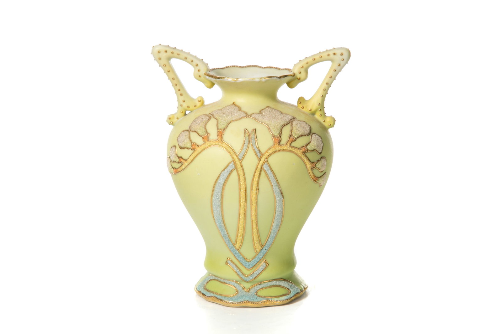 NIPPON TWO HANDLED CORALENE PORCELAIN VASE: A two-handled baluster Art Nouveau form vase in gradual green and yellow glazed matte ground with decorative Coralene flowers. Japanese, Royal Kinran U.S. Patent 1909 mark. H. 16.5 cm (6 1/2 in.)