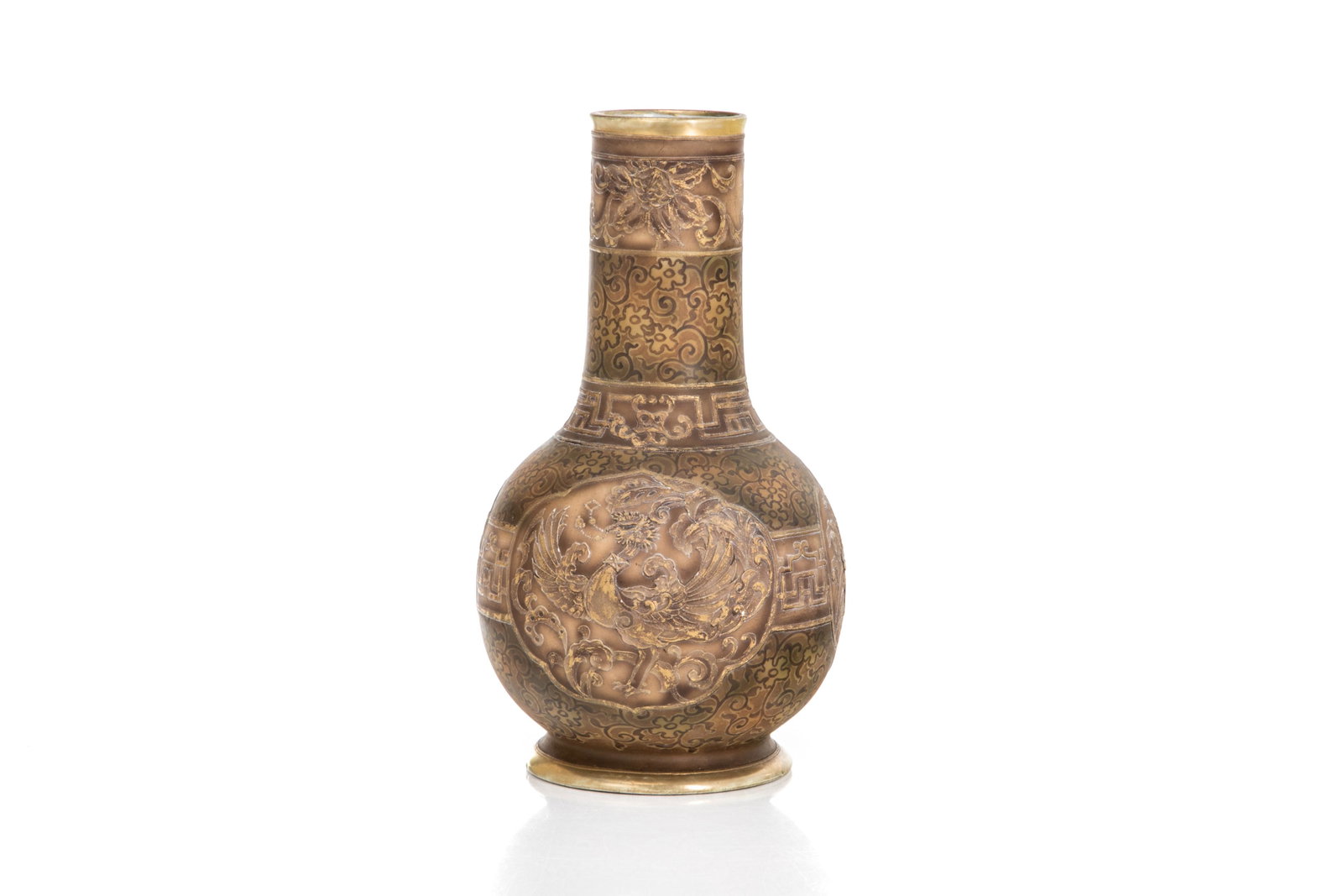 NIPPON BURNISHED STONEWARE & MORIAGE VASE: Bulbous vase made as a lamp base with hole on the base and side of the vase, period to factory construction. Floral brown on brown ground with low relief moriage decoration and centralcartouches of ph