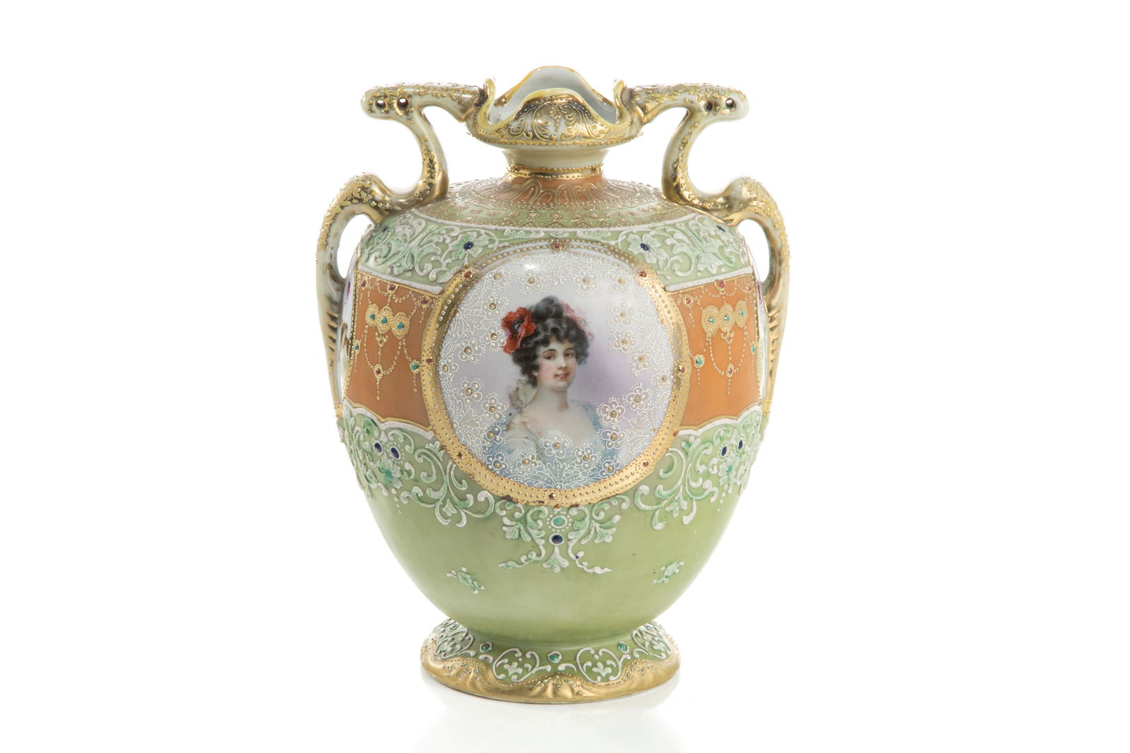 NIPPON ART NOUVEAU PORCELAIN PORTRAIT VASE: Moriage and jewelled enhanced decoration on a green and orange ground. Japanese, green maple leaf mark, early Noritake. H. 25.5 cm (10 in.)