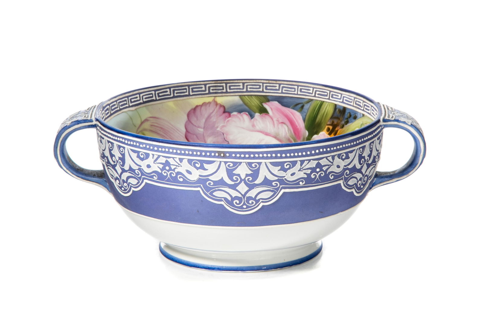 NIPPON JASPERWARE LAVENDER ORCHID PORCELAIN BOWL: A hand-painted Nippon porcelain lavender orchid bowl. Plate 3011, green mark #47. Japanese, green M in wreath mark, early Noritake. Dia. 21 cm (8 1/4 in.)