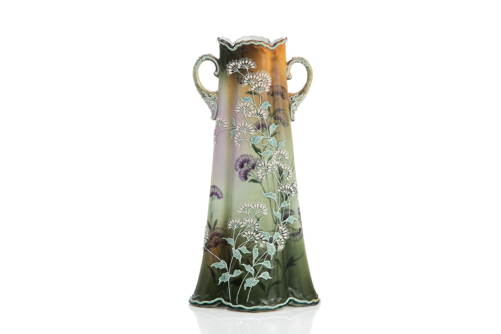 UNUSUAL NIPPON ART NOUVEAU MORIAGE PORCELAIN VASE: Multi coloured ground with raised moriage Wild Carrot or Dill Weed flowers, two handles on a fluted body. Japanese, blue maple leaf mark, early Noritake. H. 30 cm (11 3/4 in.)