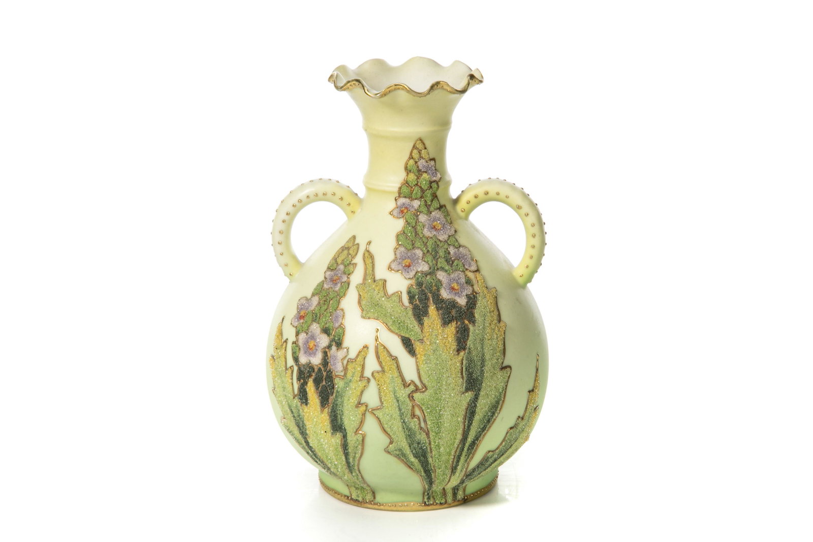 NIPPON TWO HANDLED CORALENE PORCELAIN VASE: A two handled bulbous form vase in gradual green glazed matte ground with flowers in Coralene. Japanese, Royal Kinran U.S. Patent 1909 mark. H. 15 cm (6 in).