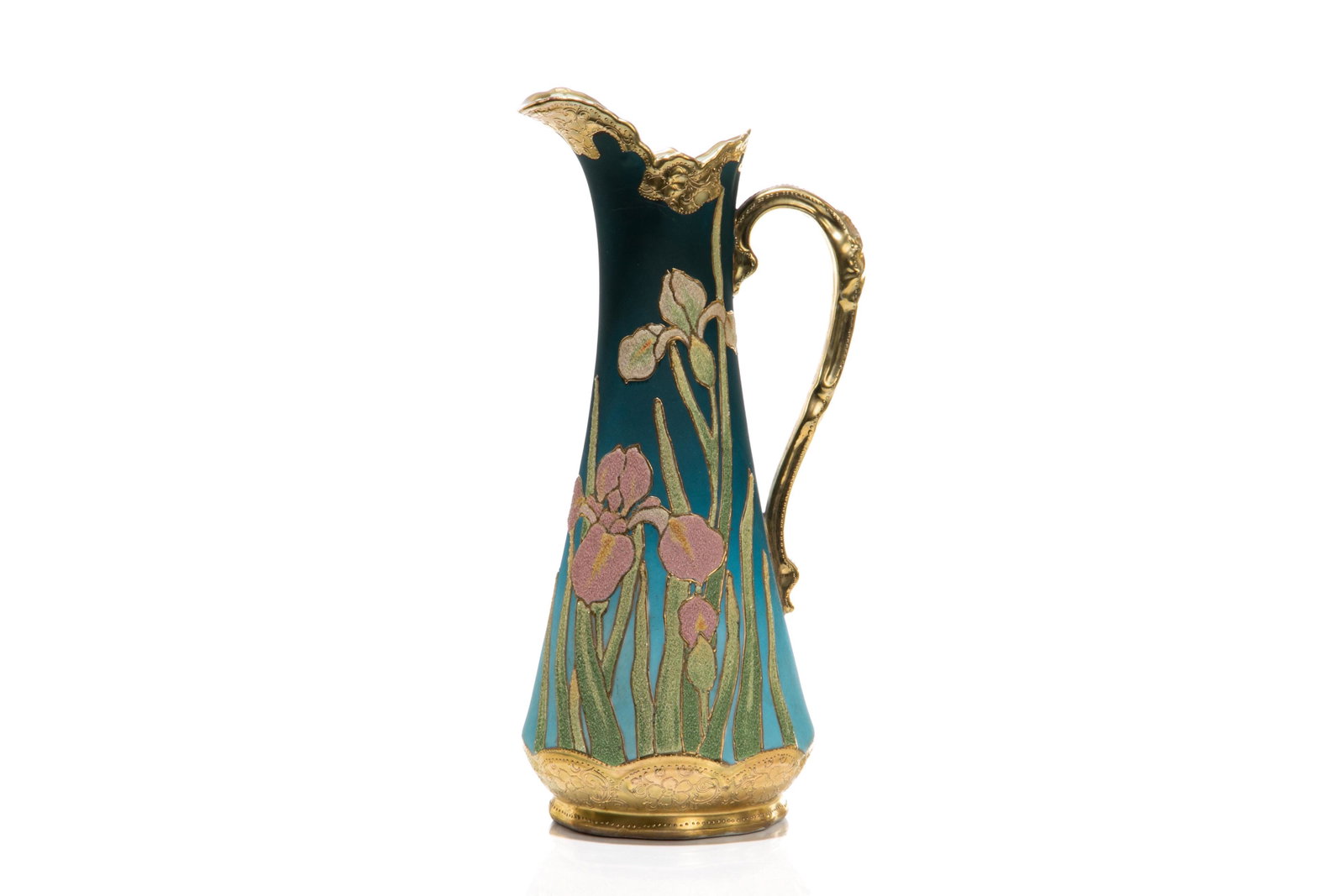 CORALENE NIPPON PORCELAIN EWER: Gradual turquoise glazed matte ground with pink irises in Coralene, gilded trim and handle. Japanese, Royal Kinran U.S. Patent 1909 mark. H. 34 cm (13 3/8 in.)