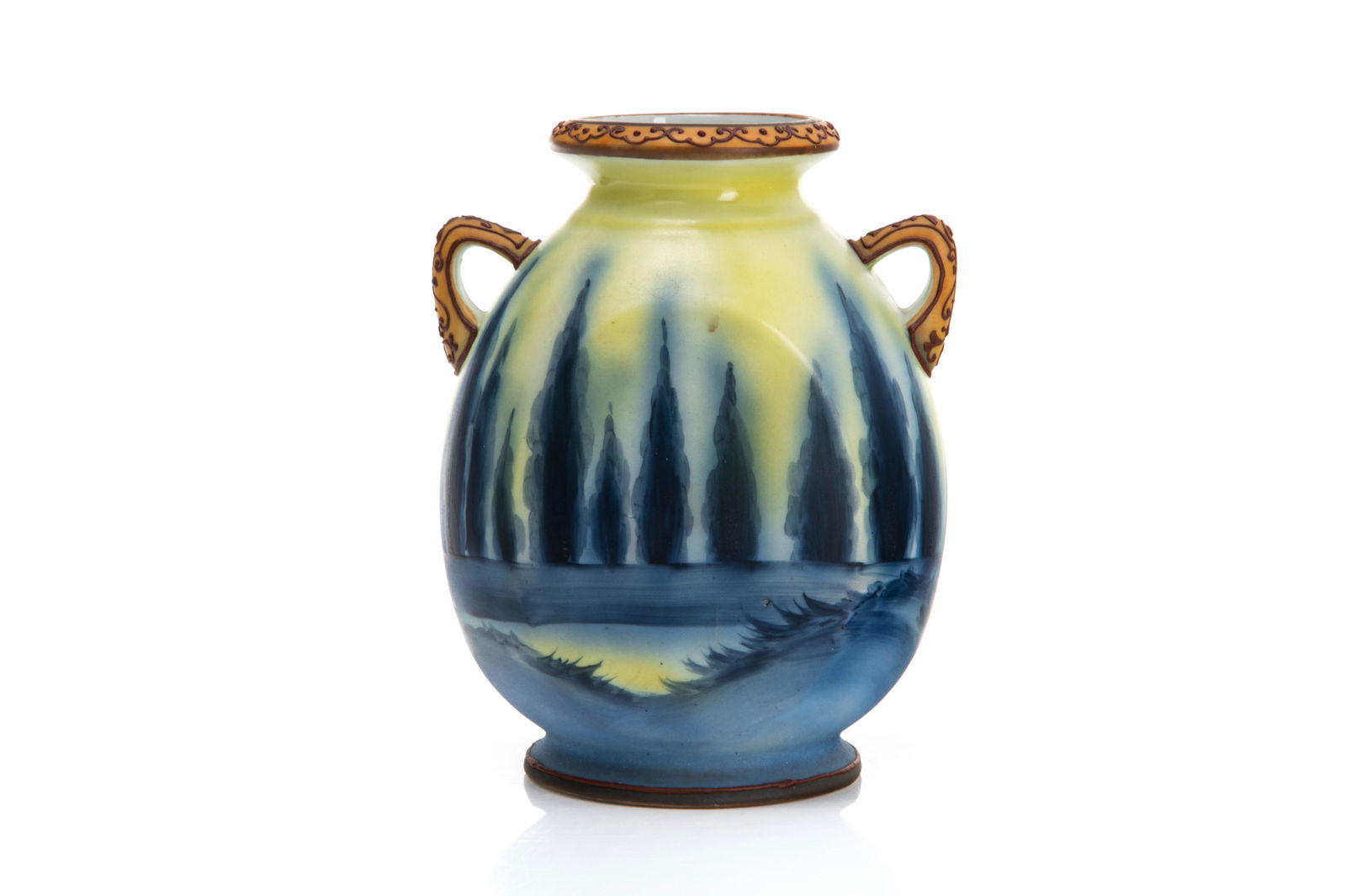 NIPPON MORIAGE BIRDS IN FLIGHT PORCELAIN VASE: Three flying white birds against a blue and yellow poplar tree ground, brown moriage piping on the handles and rim. Japanese, green M in wreath mark, early Noritake. H. 17 cm (6 3/4 in.)