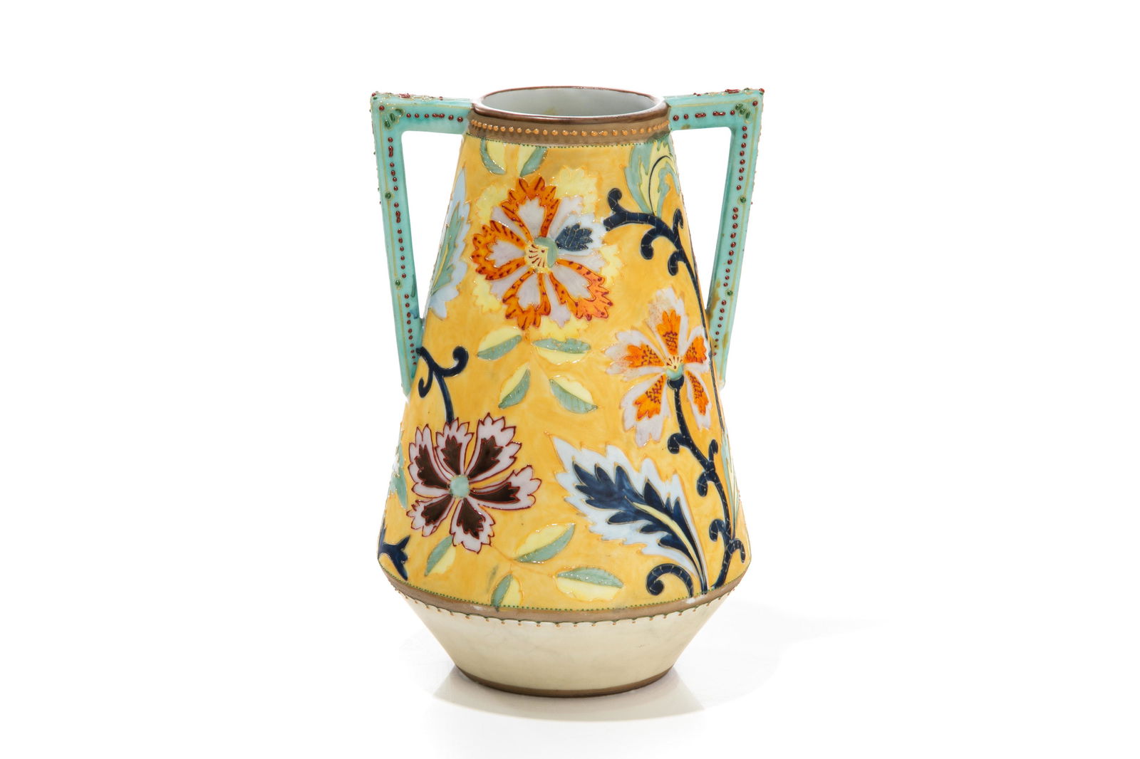 NIPPON ART DECO PORCELAIN VASE: Turkish influenced saz leaf and flower design in orange and blue. Angular handles with enameled moriage. Japanese, green M in wreath mark, early Noritake. H. 20 cm (7 7/8 in.)