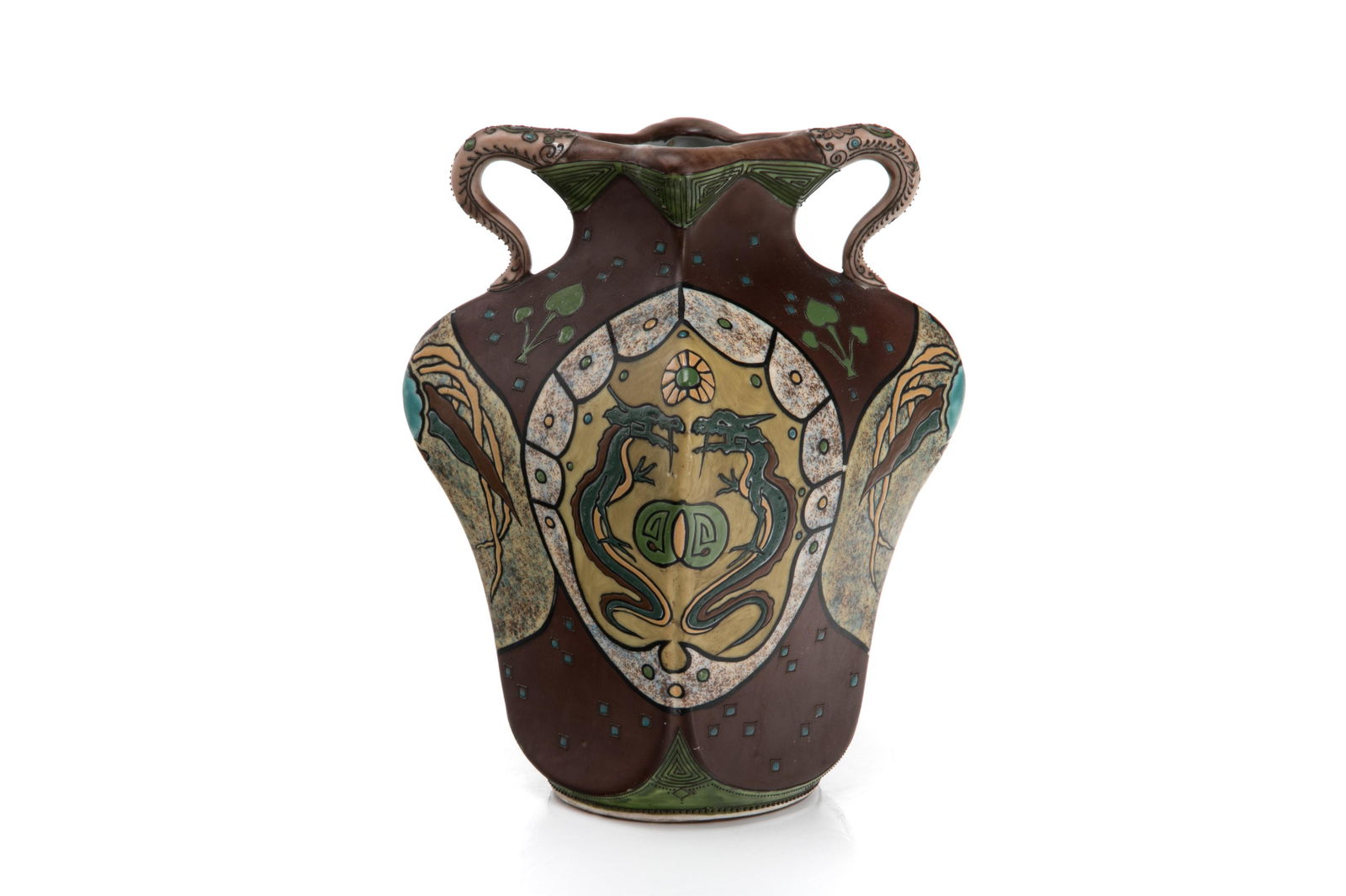 NIPPON CHINESE INSPIRED ART NOUVEAU PORCELAIN VASE: Two handled amphora style urn, matte brown glaze with cartouches of heavily enameled double dragons and flying phoenix on a speckled ground. Raised moriage borders. Japanese, blue M in wreath mark,ear