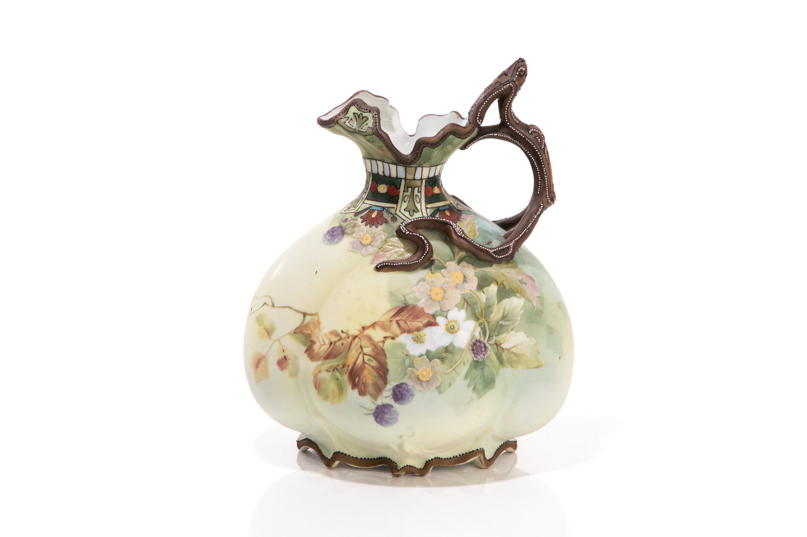 NIPPON AMPHORA INSPIRED PORCELAIN EWER: Matte glazed body with hand painted blossoms and berries with raised slip accented, beaded twig handle with aesthetic neck. In the manner of Austrian porcelain. Japanese, green M in wreathmark, early