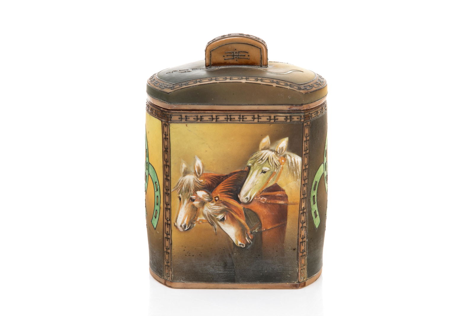 NIPPON MOLDED IN RELIEF PORCELAIN HUMIDOR: Three horses in raised decoration with black enamelled border and horseshoe, aesthetic design. Matching covered lid with whip. Japanese, green M in wreath mark, early Noritake. H. 17 cm (6 3/4 in.)