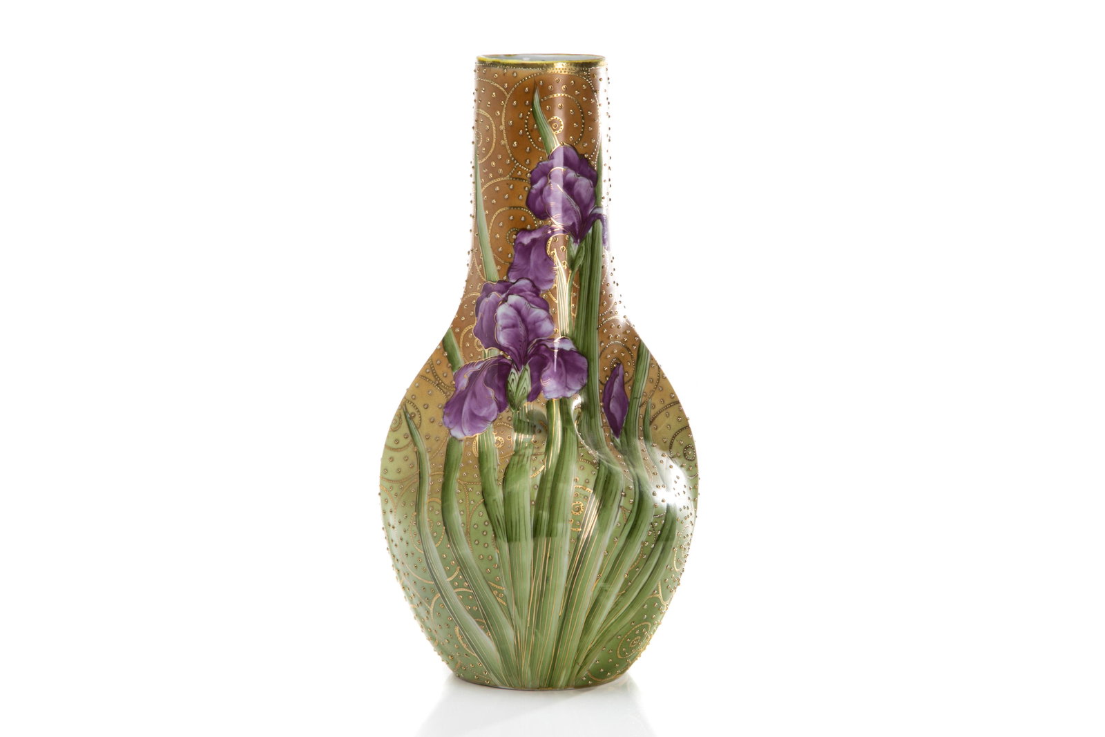NIPPON ART NOUVEAU JEWELLED PORCELAIN VASE: Orange to green ground painted with purple irises, a background of swirled gold accented with jewelling. Japanese, purple mark to underside. H. 38 cm (15 in.)
