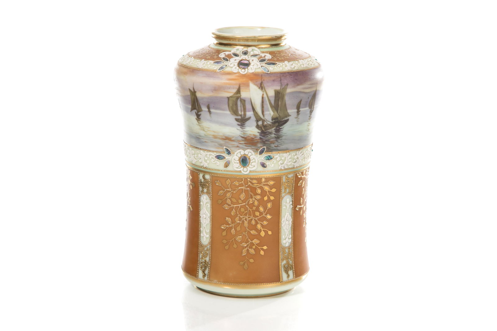 NIPPON PORCELAIN VASE WITH SAIL BOAT SCENE: Matte glazed body with hand painted sailboat scene, moriage decoration, faux abalone and gilded detail. H. of vase: 21cm (8 1/4 in.)