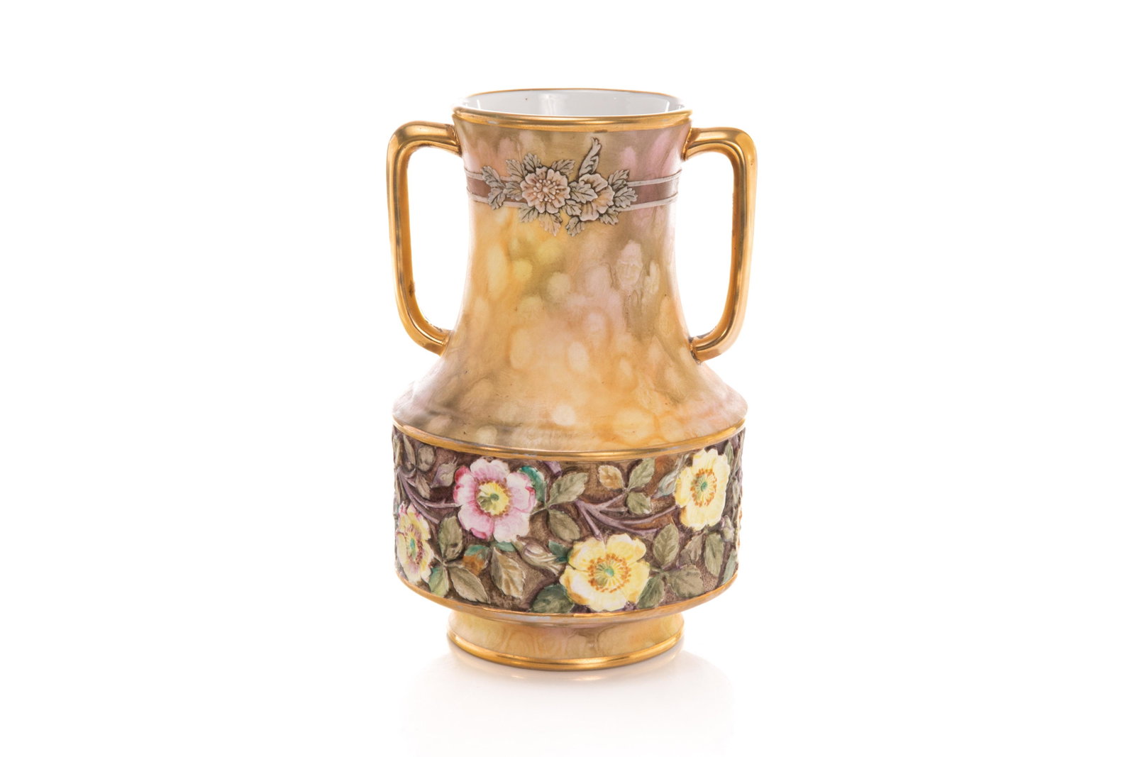 NIPPON TWO HANDLED PORCELAIN VASE: Matte glaze body with hand painted floral decoration, gilded handles and rim. Japanese, green M in wreath mark, early Nortake. H. 18 cm (7 in.)