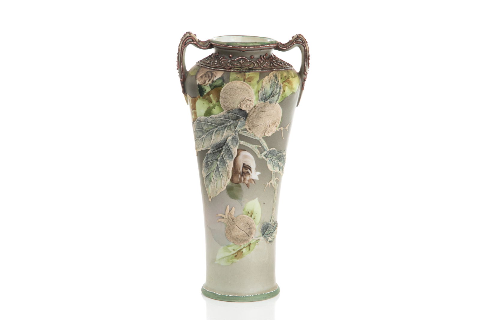 UNUSUAL NIPPON MORIAGE PORCELAIN VASE: Hand painted persimmon branches and fruit, accented with heavy glazing and foliage, moriage beaded rim and handles. Japanese, blue maple leaf mark, early Noritake. H. 25.5 cm (10 in.)
