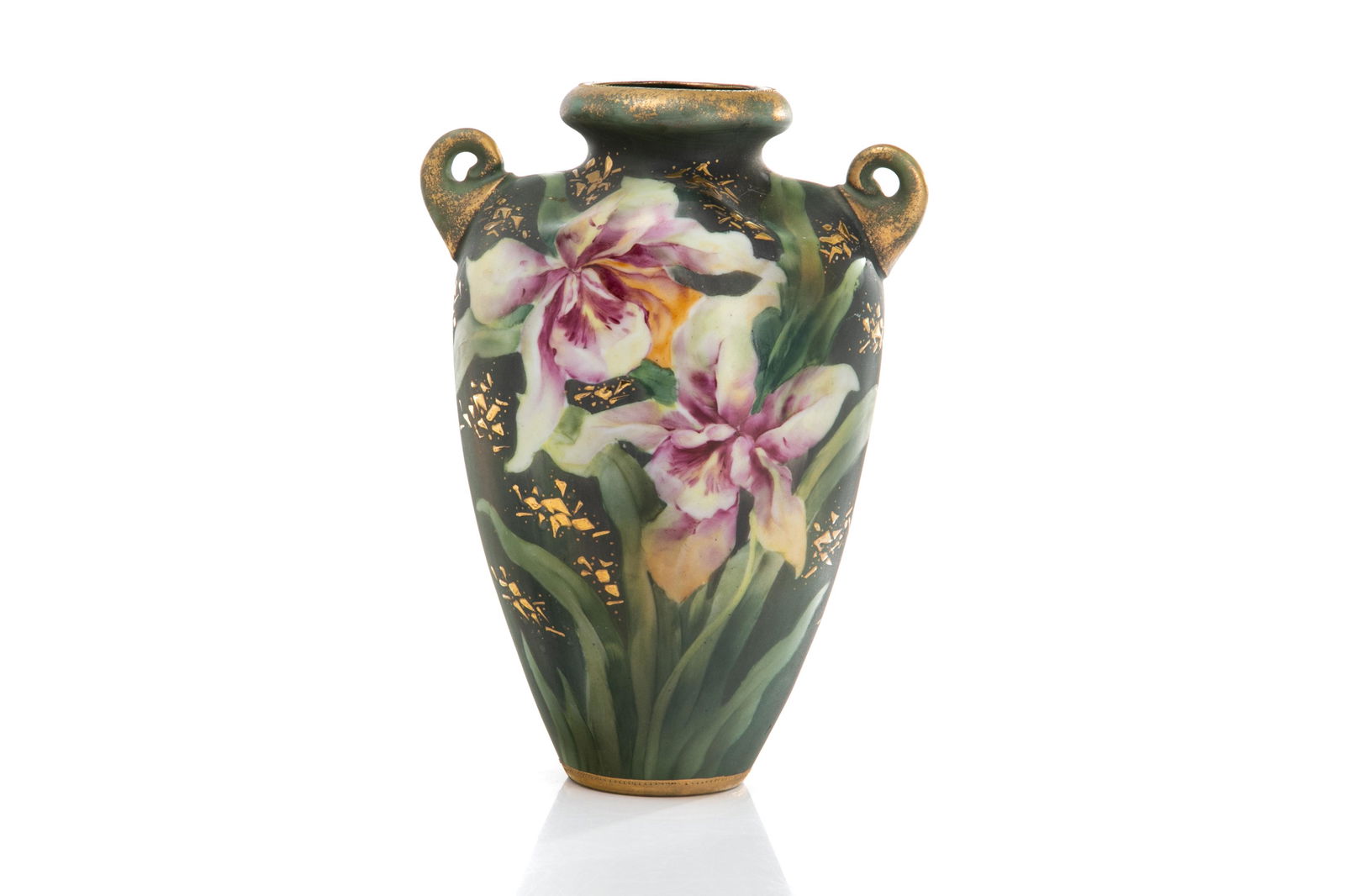 NIPPON ART NOUVEAU PORCELAIN VASE: Matte green glazed ground with hand painted purple orchids and gilt confetti. Swirled arms and rounded rim. Japanese, blue maple leaf mark, early Noritake. H. 20 cm (8 in.)