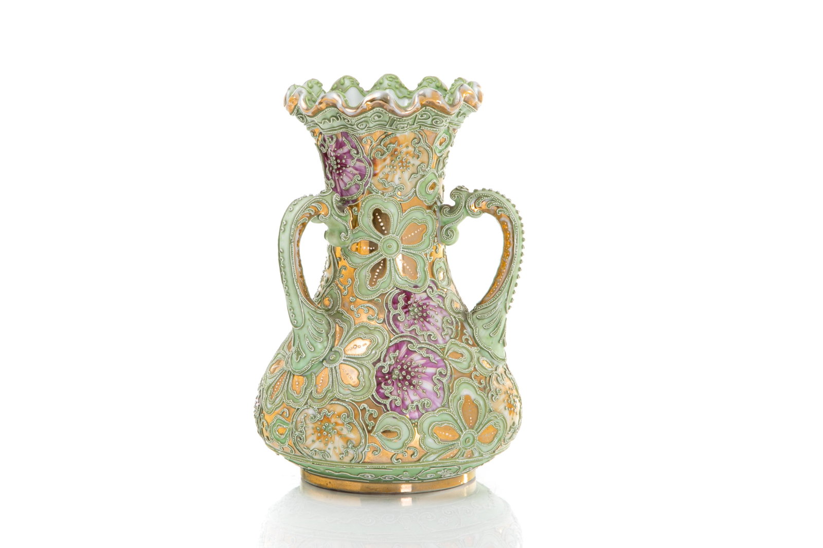 JAPANESE MORIAGE PORCELAIN VASE: Three handled form with ruffled rim. Pink and orange flowers with gilded and green ground, heavily enameled moriage decoration. Unmarked, probably Nippon. H. 25 cm (9 7/8 in.)