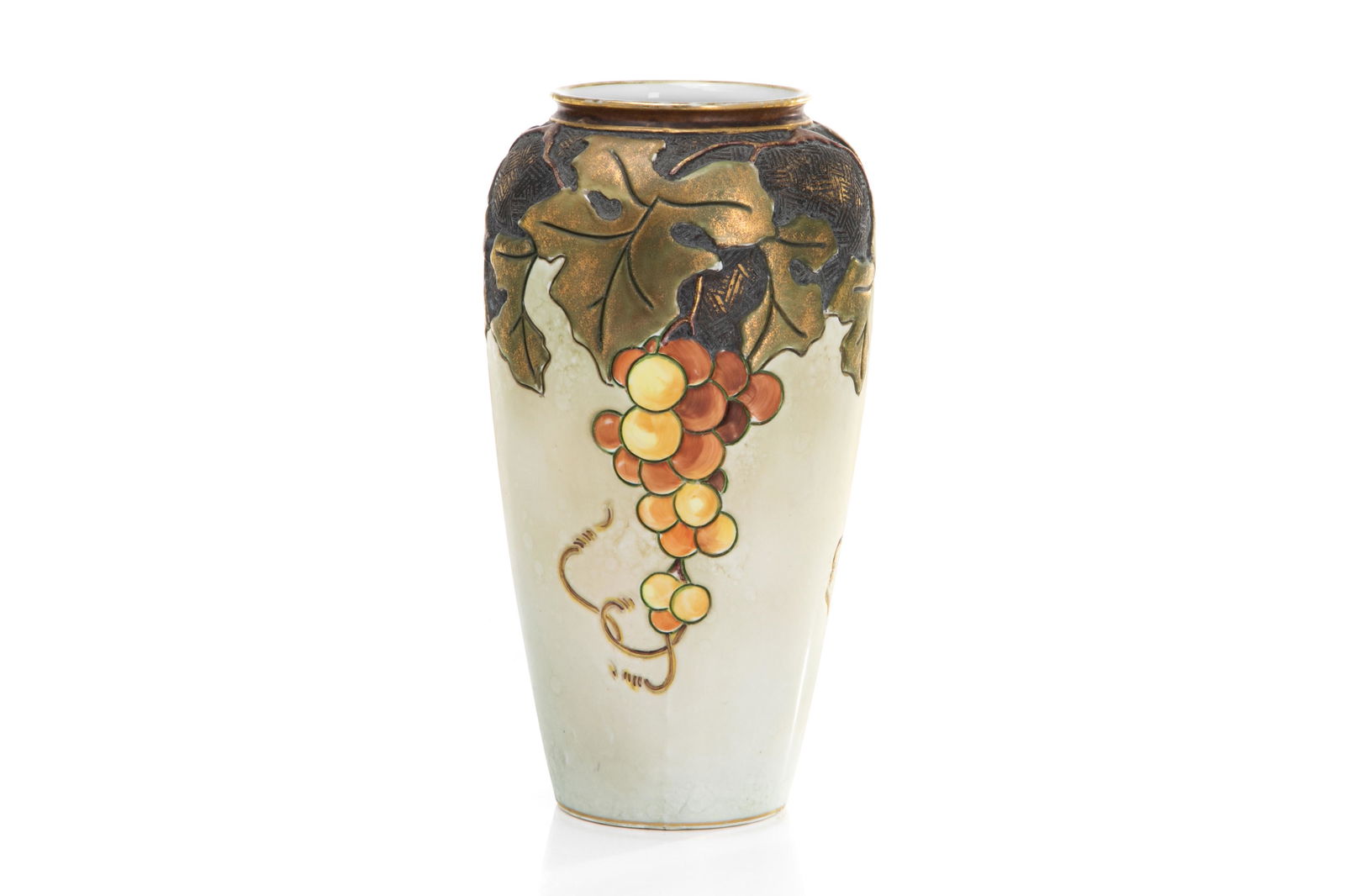 NIPPON AMERICAN INFLUENCED ARTS & CRAFTS VASE: Raised molded in relief grape & vine cluster porcelain vase on a mottled ground, basket weave gilded enhancing on the grapes. Japanese, green M in wreath mark, early Noritake. H. 25.5 cm (10 in.)