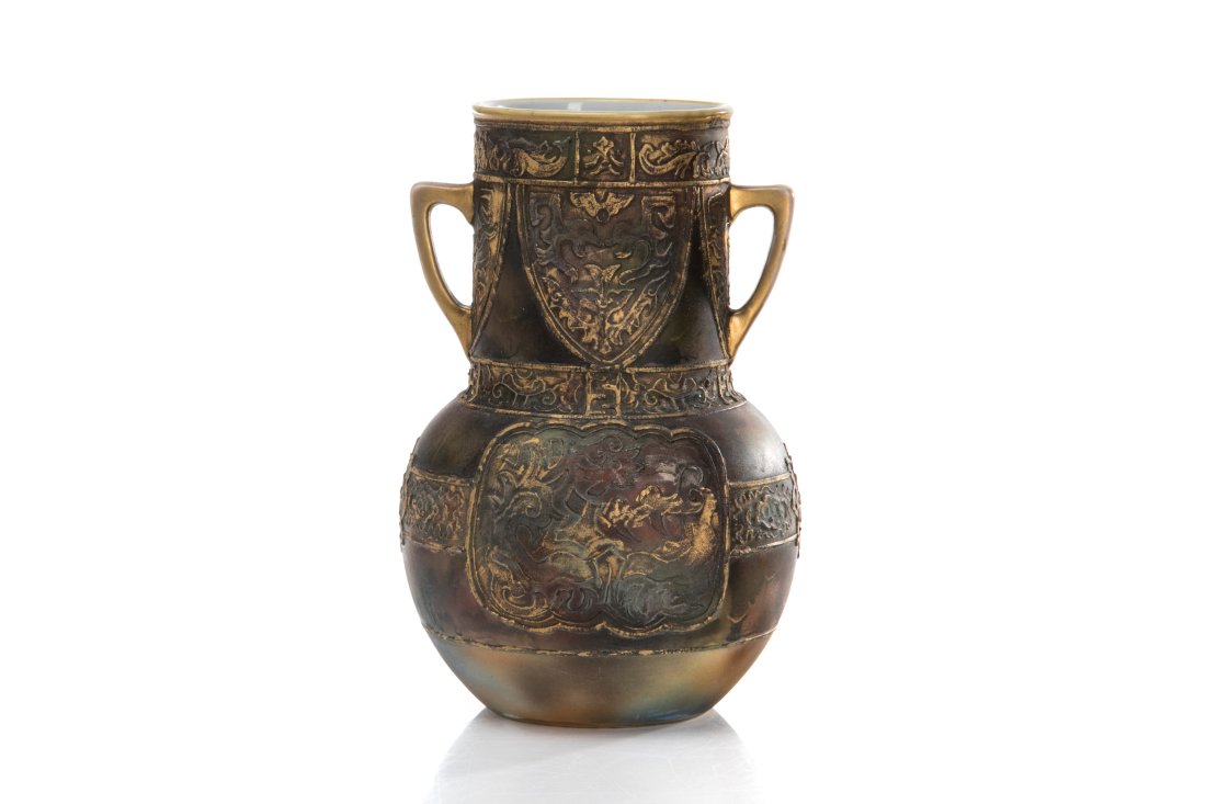 NIPPON BURNISHED STONEWARE & MORIAGE VASE: Two handled porcelain vase, mottled ground with gilded accents, low relief moriage floral and bird pattern. Japanese, M in wreath mark in green. H. 20.3 cm (8 in.)
