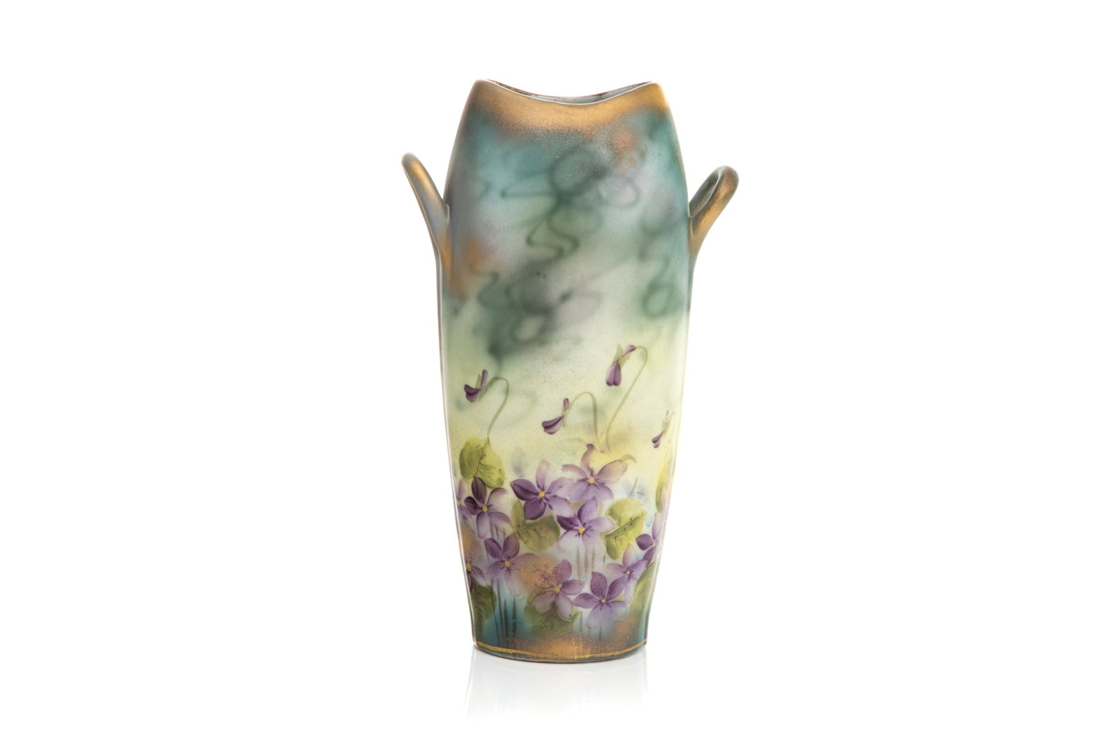 NIPPON TWO HANDLE VIOLETS PORCELAIN VASE: Matte glaze vase with gold accented design and hand painted violets. Japanese, hand painted Nippon mark. H. 21.5 cm (8 1/2 in.)