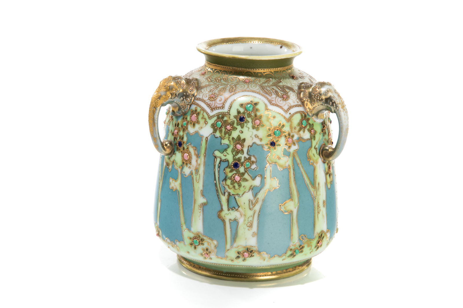 NIPPON JEWELLED PORCELAIN VASE: Squat bulbous body with three elephant head handles, hand painted trees, and accented with jewelled enameling. Swirling gilded border to rim. Japanese, Noritake mark to base. H. 15.5 cm (6 1/8 in.)